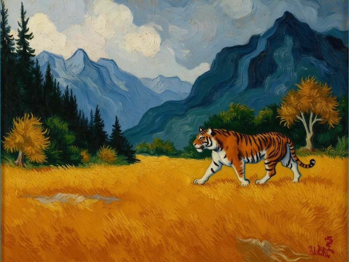 Majestic tiger in a golden meadow with mountains