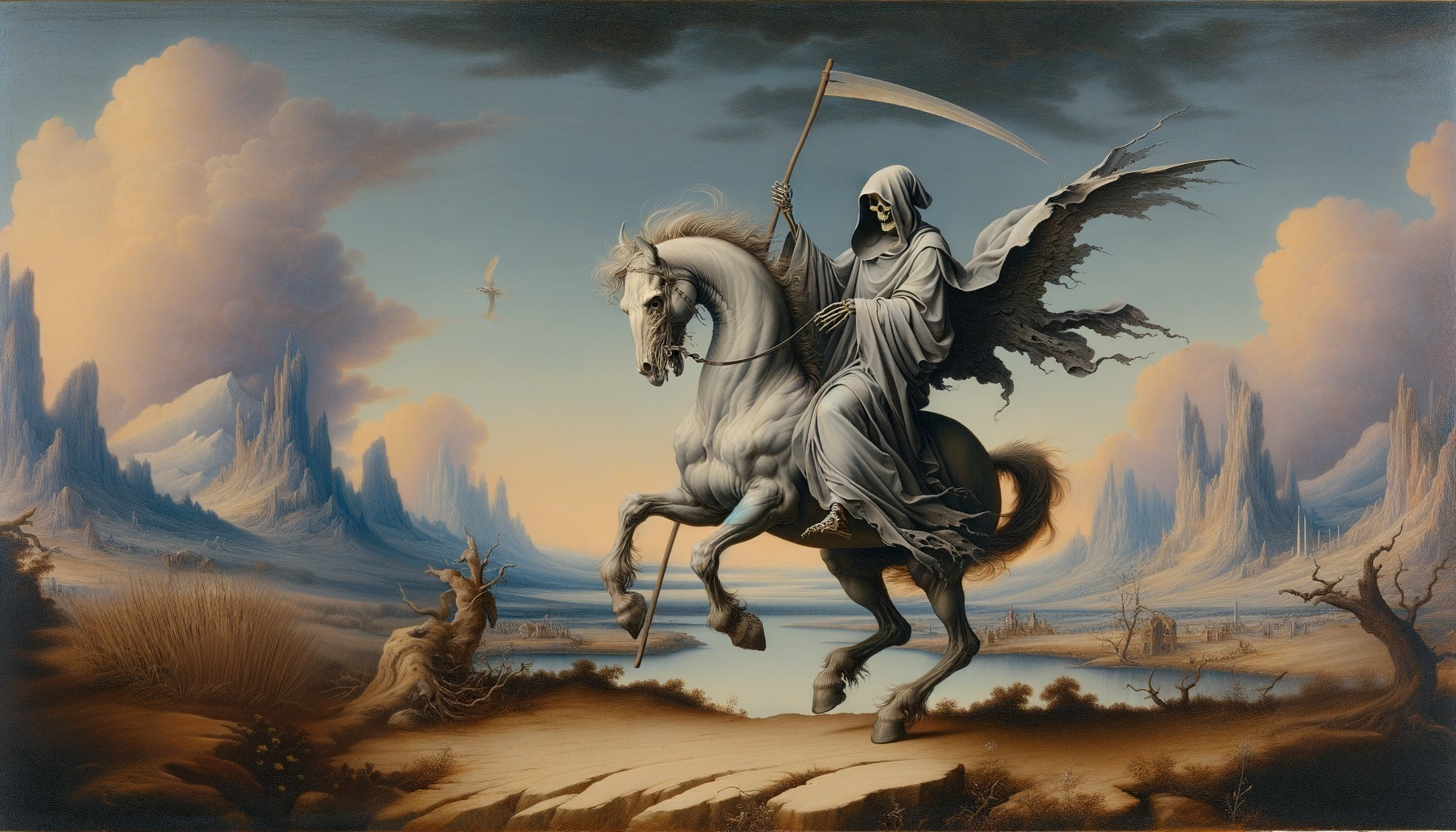 Surreal painting of cloaked figure on winged horse in desolate landscape