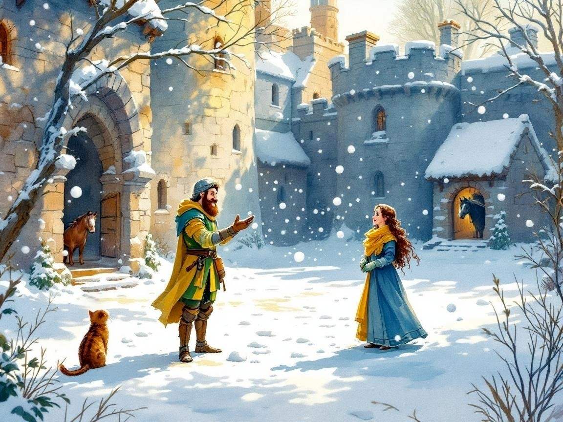 Winter Scene in a Snowy Castle Courtyard
