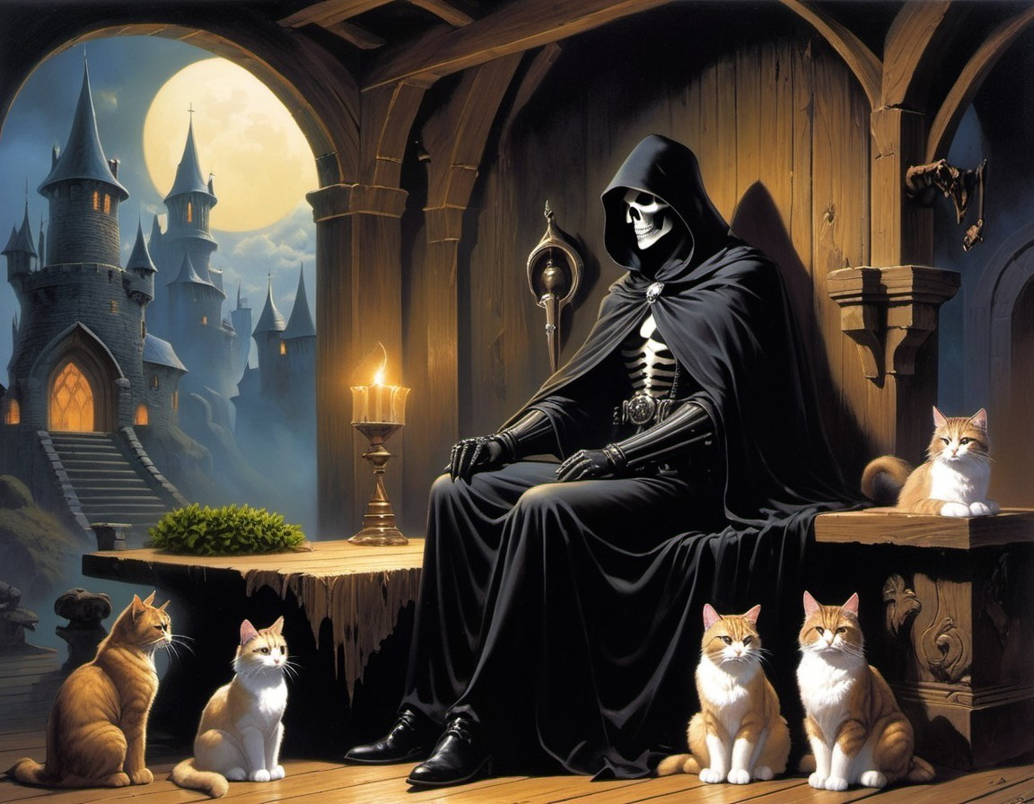 Skull-faced figure on throne with cats, castle, full moon