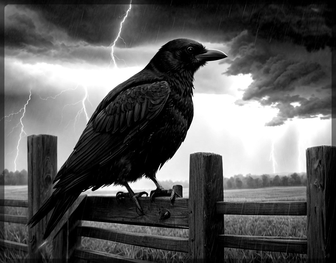 Black Raven on Wooden Fence with Stormy Sky