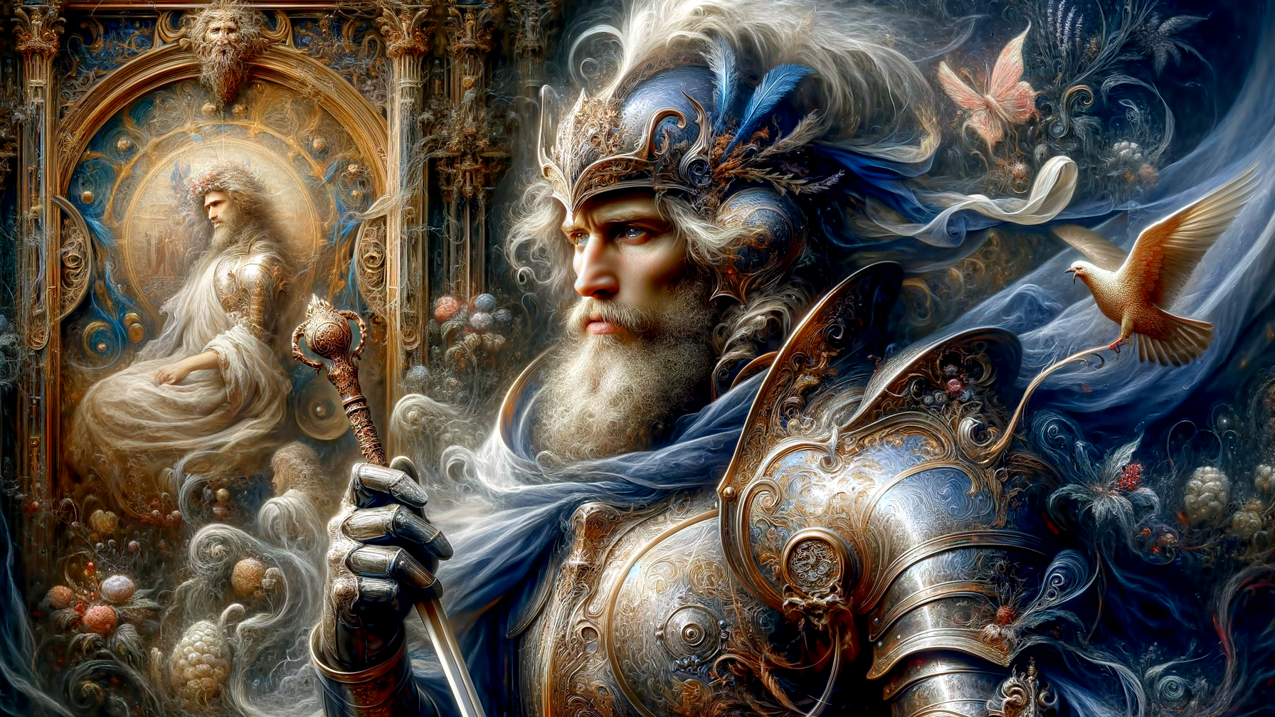 Majestic Knight in Ornate Armor with Ethereal Background