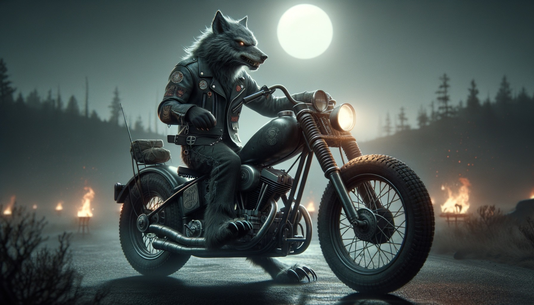 Wolf-like creature on motorcycle under full moon