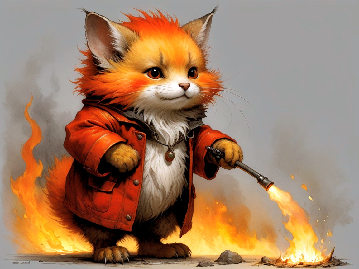 Fluffy Fox-Like Creature in Fiery Setting with Torch