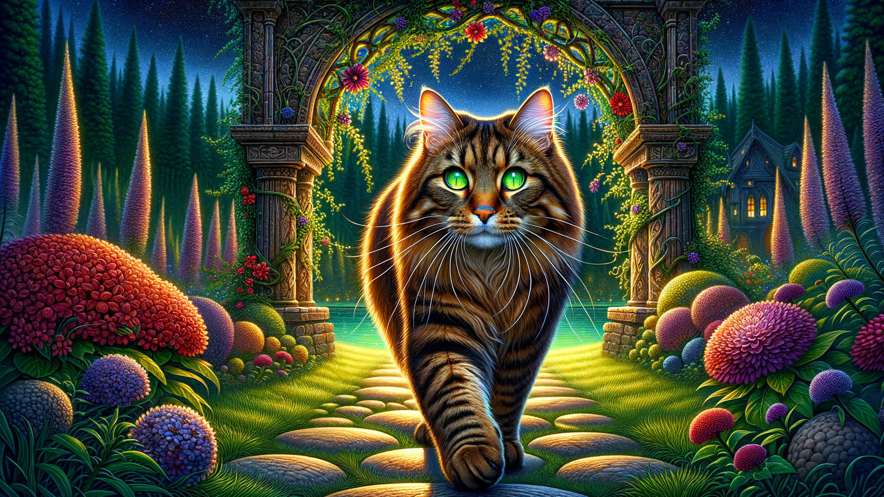 Tiger Cat in Enchanted Garden with Vibrant Flowers