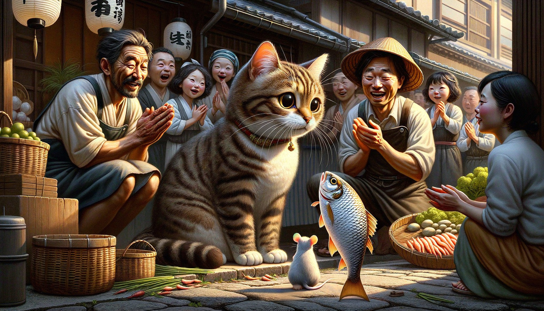 Giant Domestic Cat in Bustling Japanese Market Street