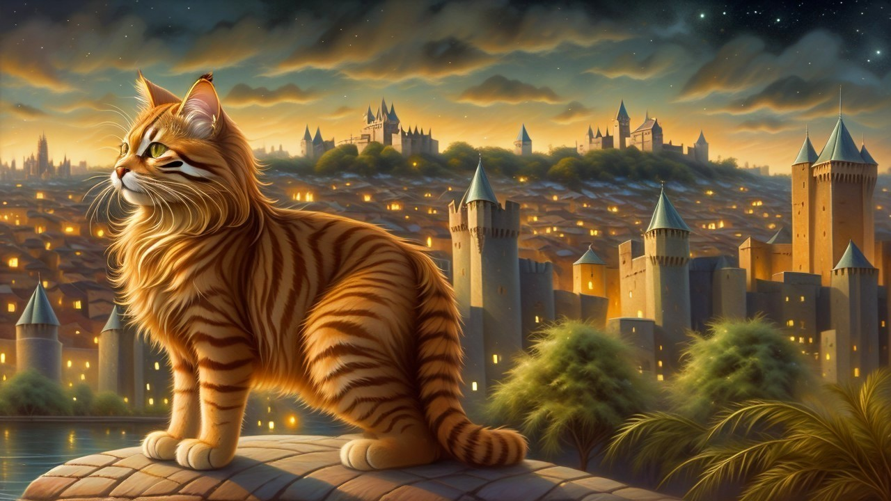 Majestic Cat Overlooks City at Dusk with Castles