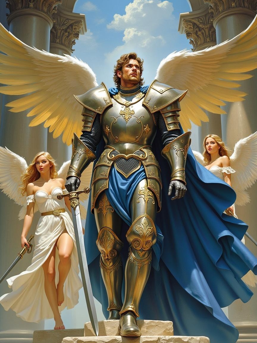 Knight in Armor with Ethereal Figures and Columns
