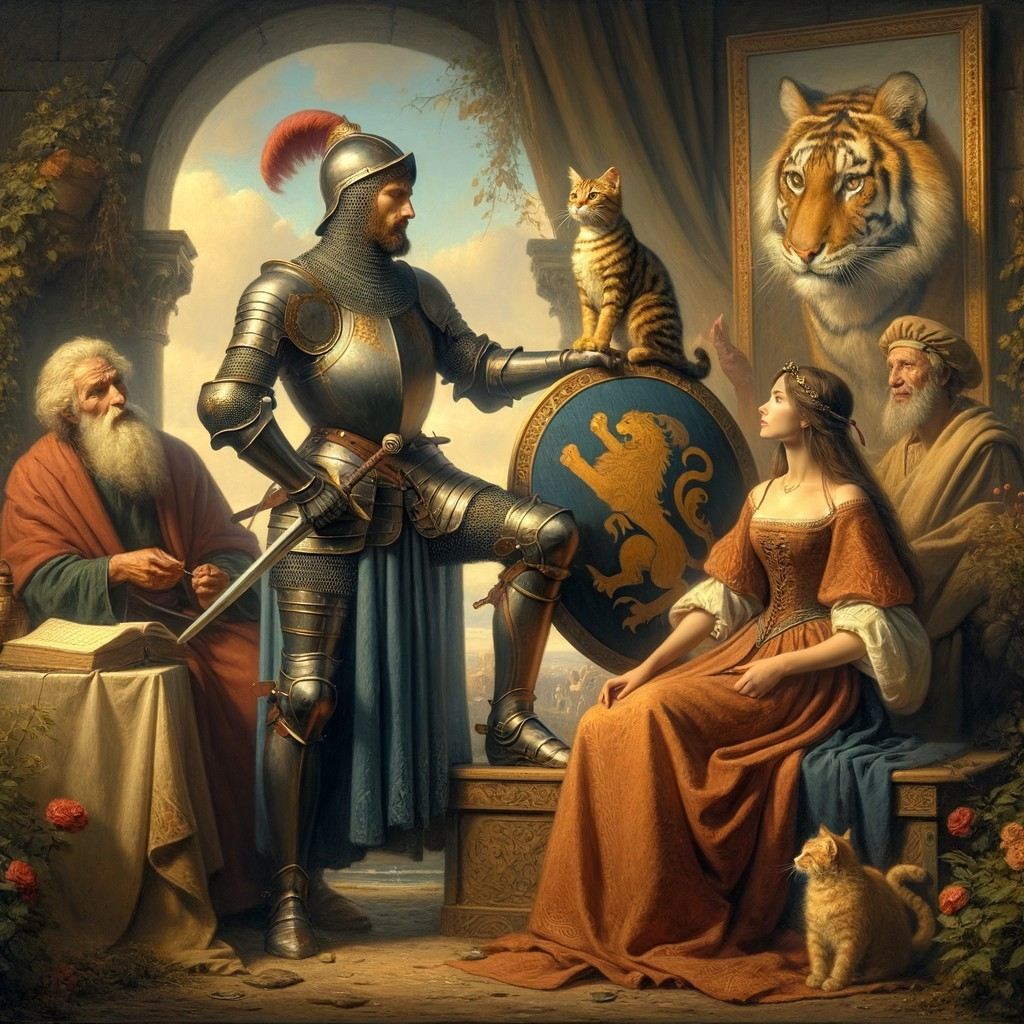 Knight with Cat and Tiger Portrait in Historical Setting