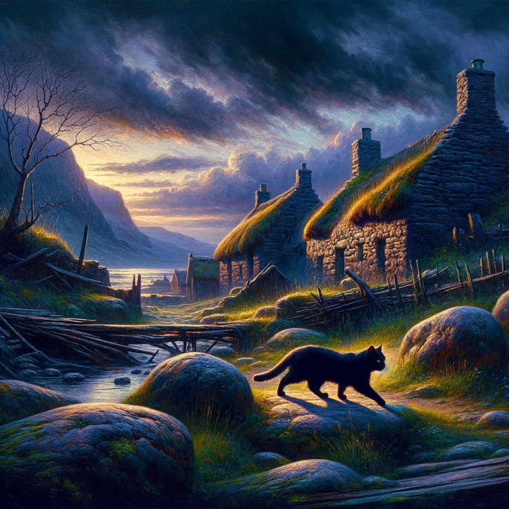Serene Dusk Landscape with Cat and Cottages