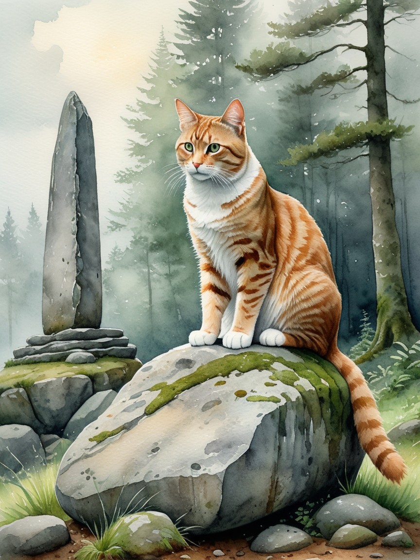 Orange-striped cat on mossy rock in misty forest