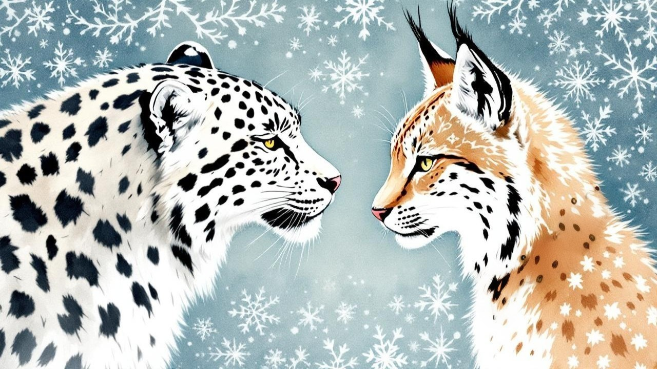 Snow Leopard and Lynx Illustration in Winter Scene