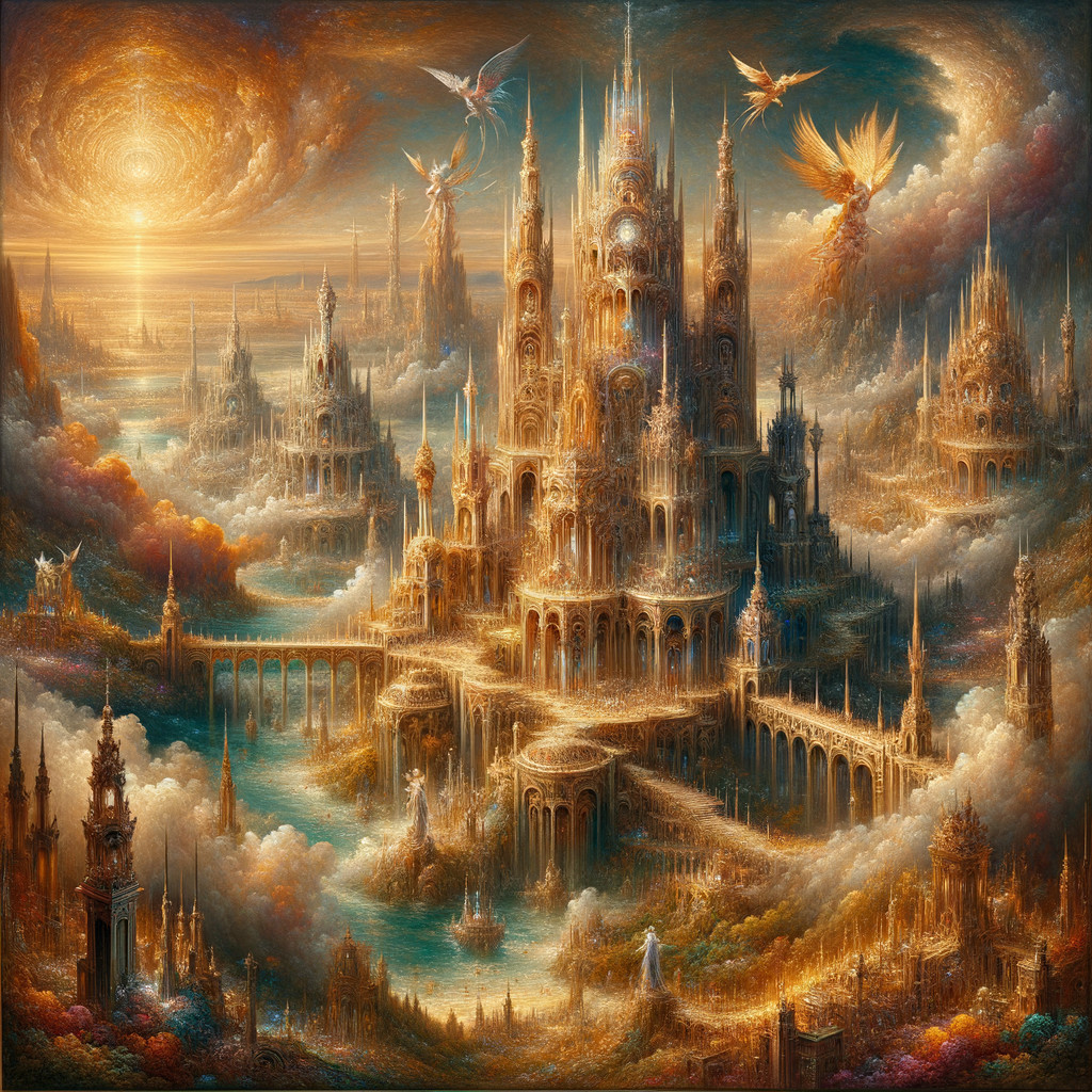 Fantasy Landscape with Golden Castle and Ethereal Creatures