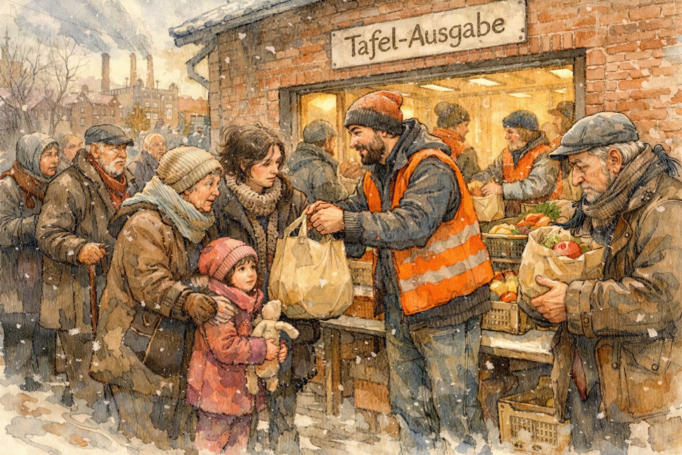 Watercolor Painting of Food Bank Distribution Scene