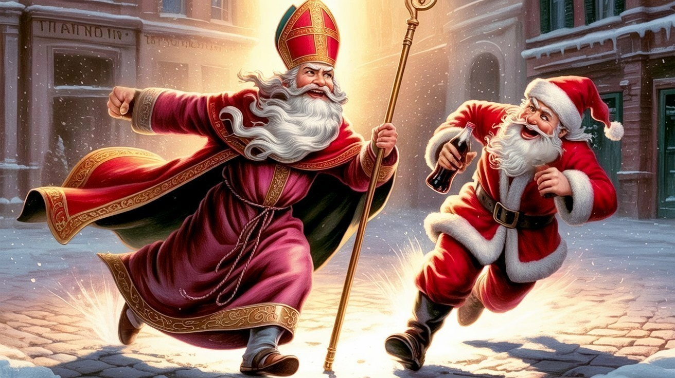 Whimsical Winter Scene with Saint Nicholas and Santa Claus