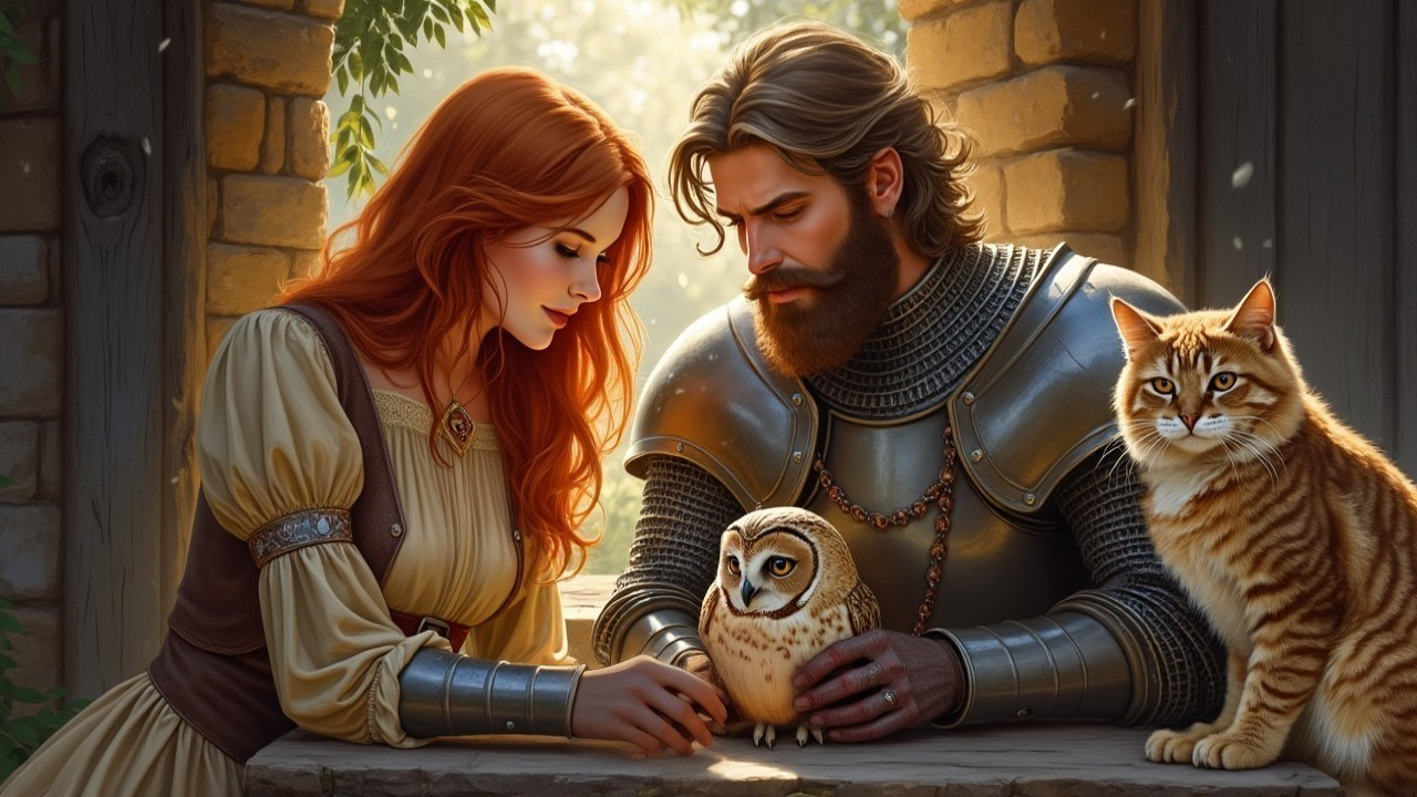 Knight, Companion, Owl, and Cat in Medieval Scene