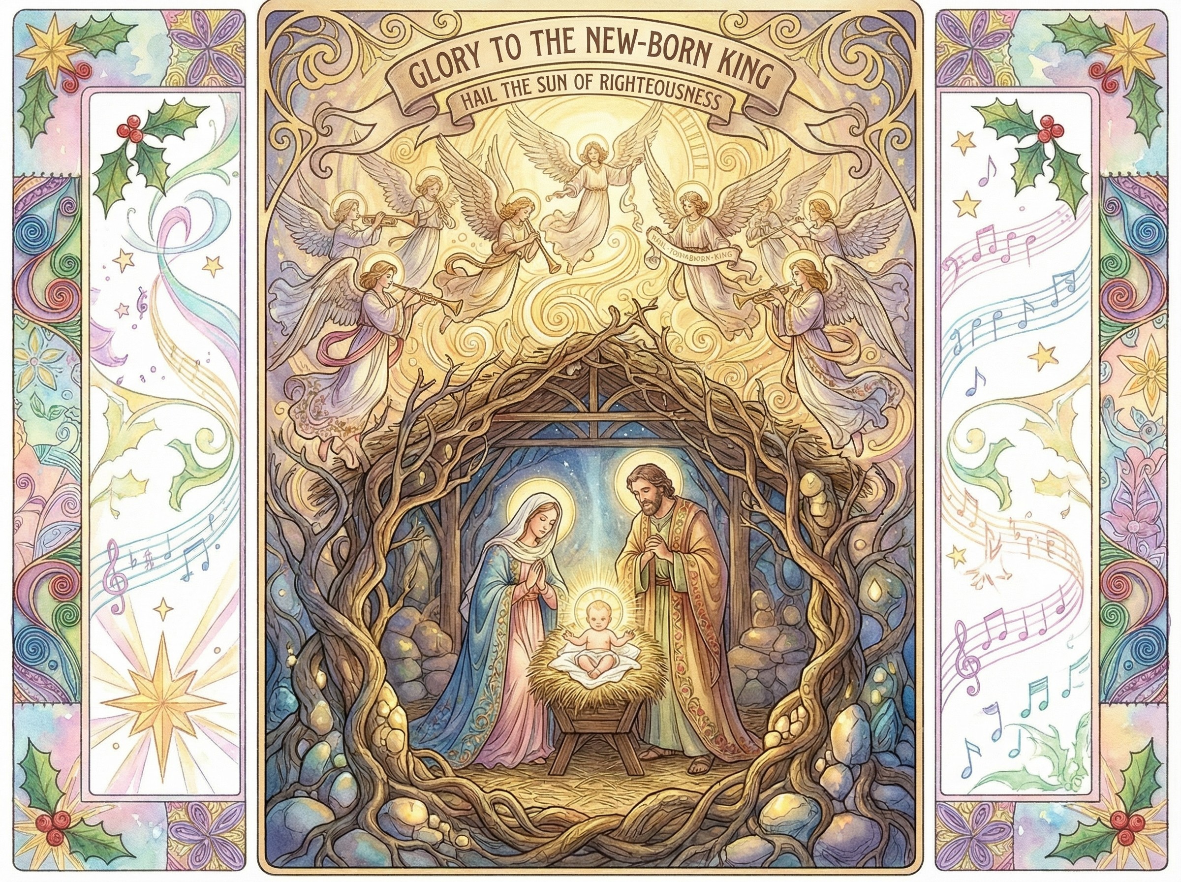 Ornate Watercolor Nativity Scene in Triptych Format
