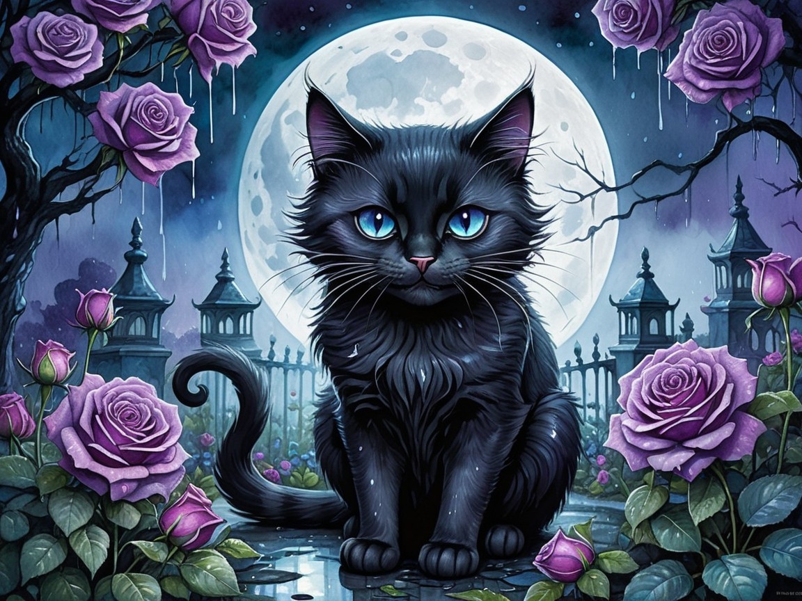 Mystical black cat with blue eyes and purple roses