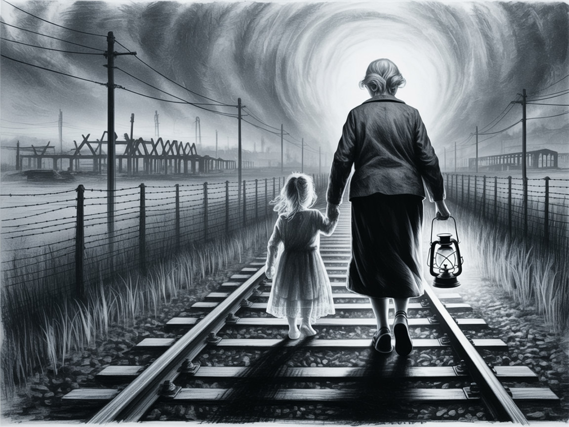 Elderly Woman and Young Girl on Railway Track