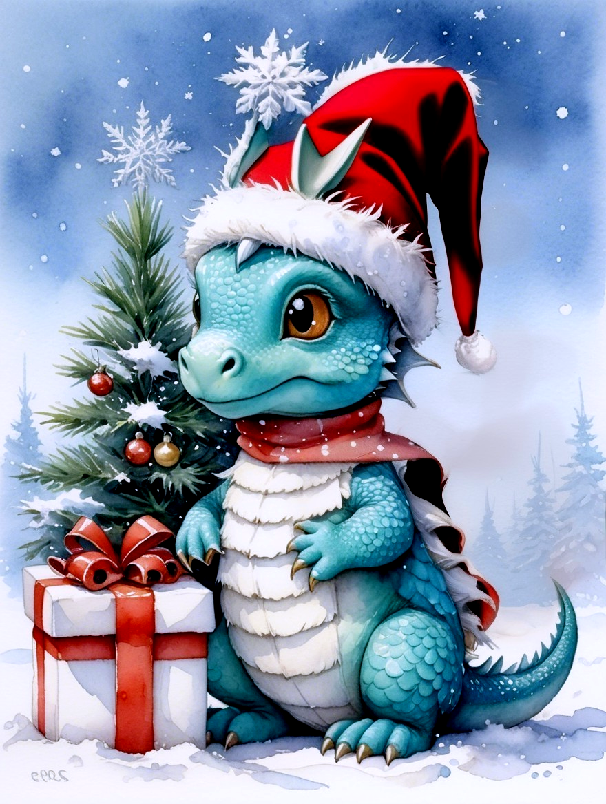 Turquoise Dragon with Christmas Tree and Snowflakes