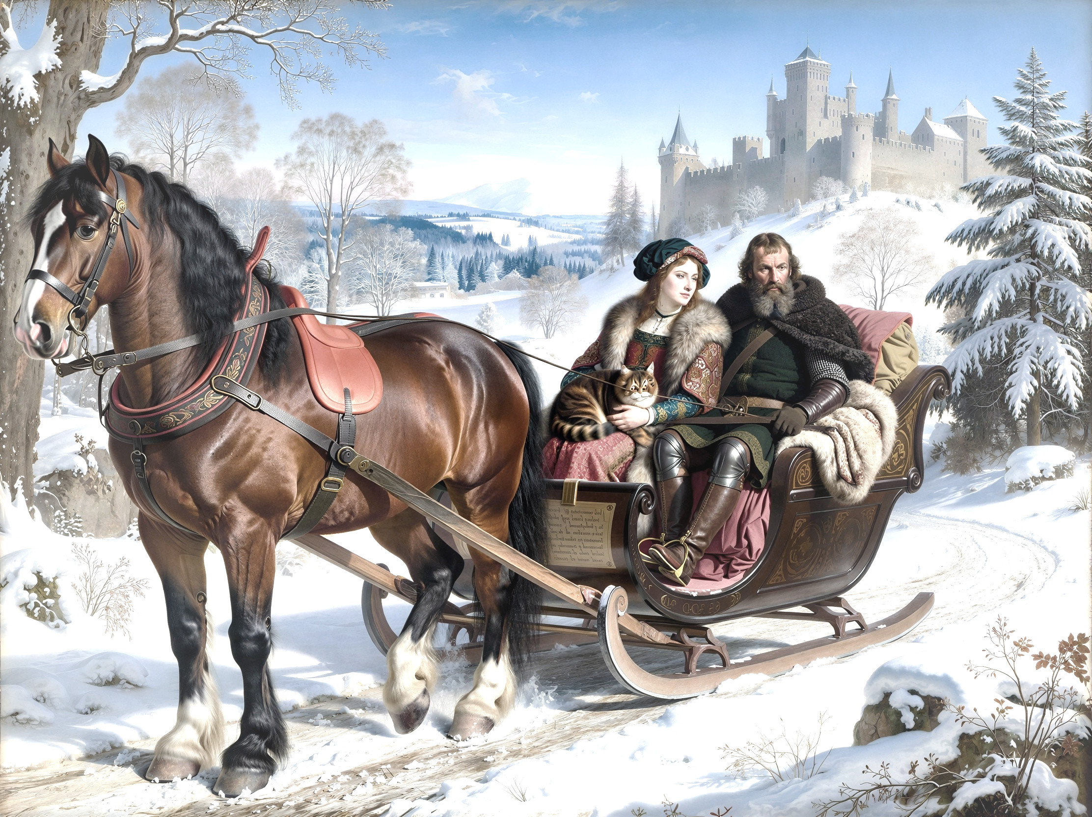 Realistic Oil Painting of Horse and Sleigh in Snow