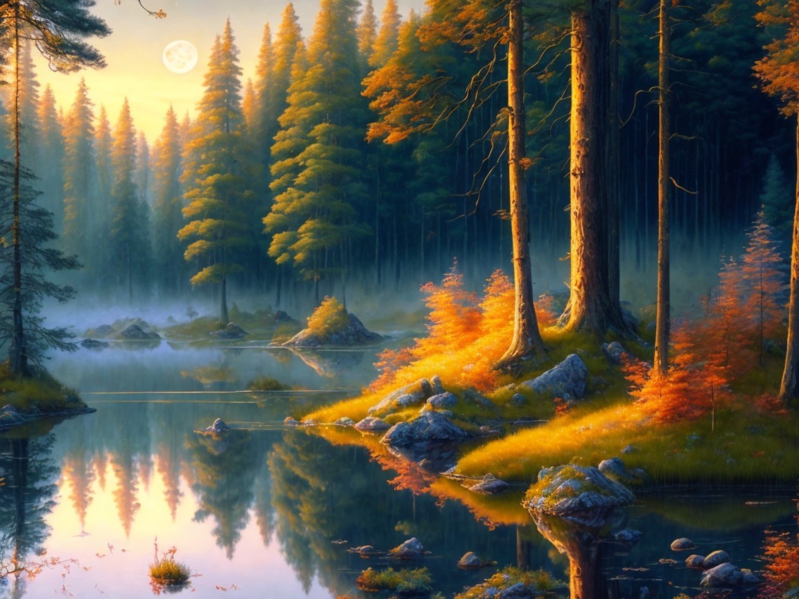 Tranquil Twilight Forest Scene with Serene Lake