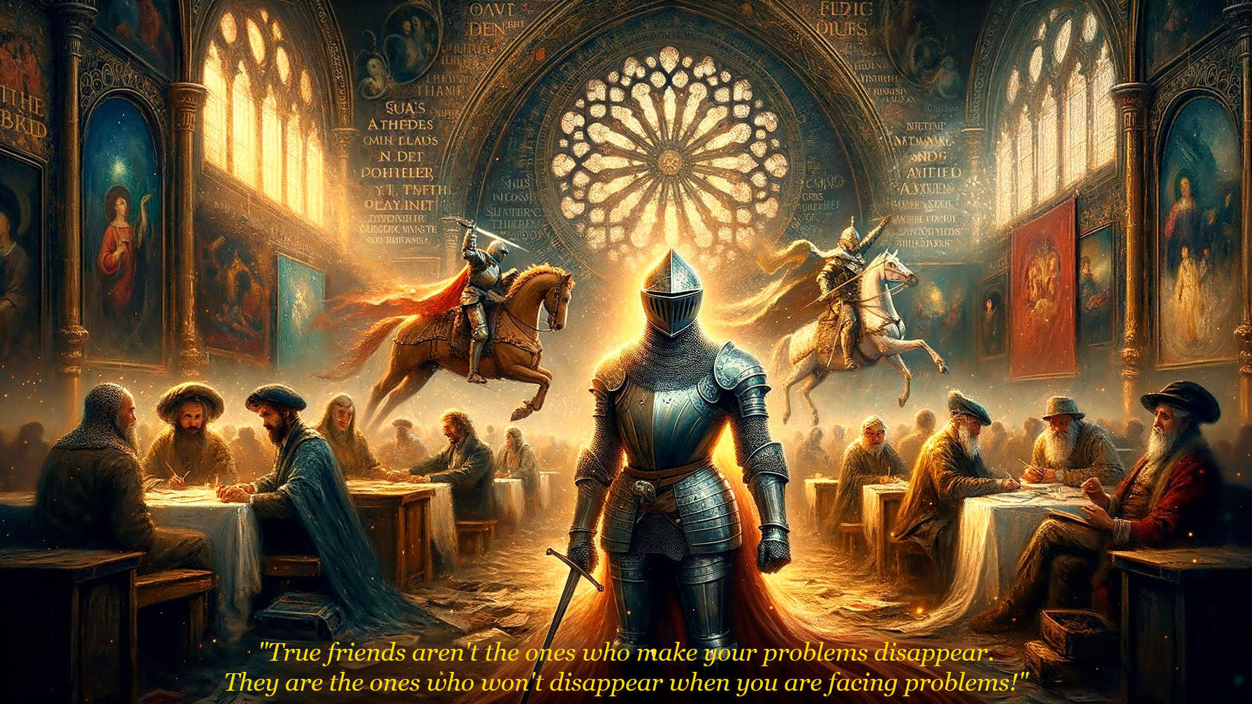 Medieval Hall with Knight and Shadowy Horsemen