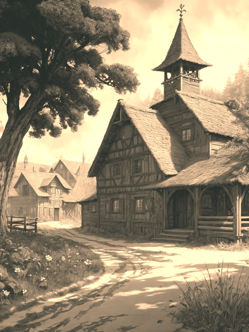 Quaint Village Scene with Timber-Framed Houses