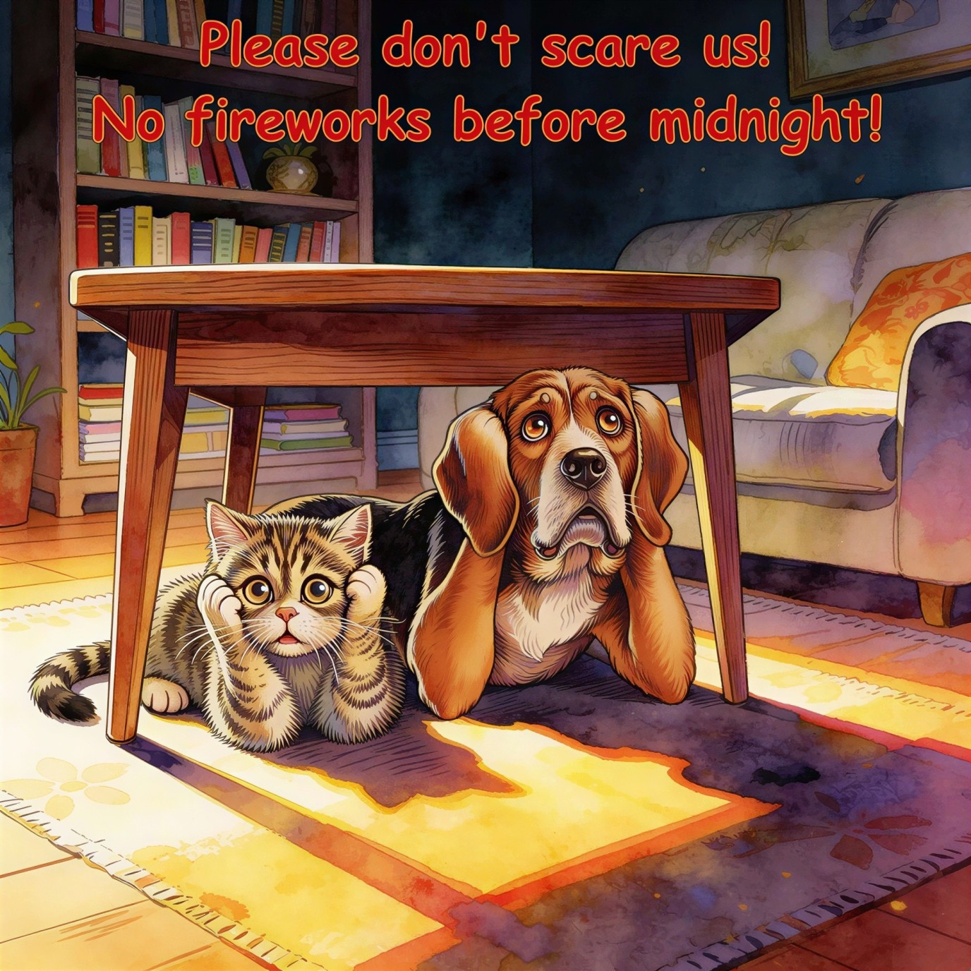 Beagle and Tabby Cat Under Table in Dim Room