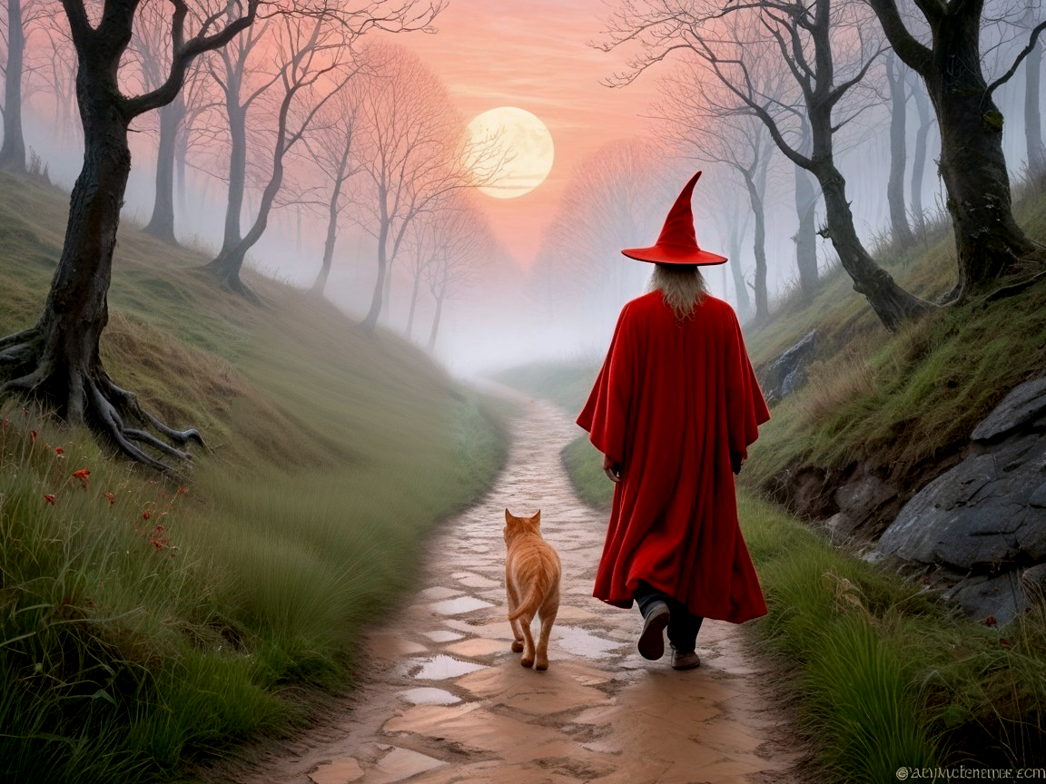 Cloaked Figure and Cat in a Foggy Mystical Landscape