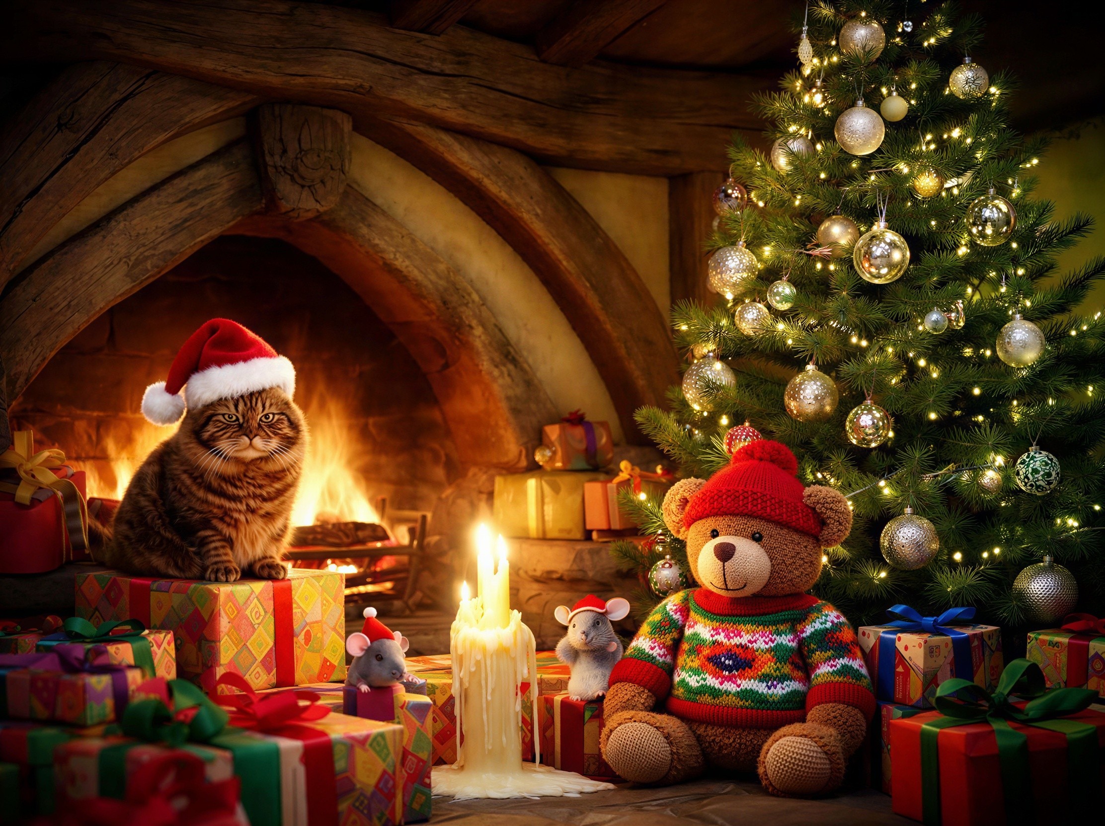 Fluffy Tabby Cat in Santa Hat by Christmas Gifts