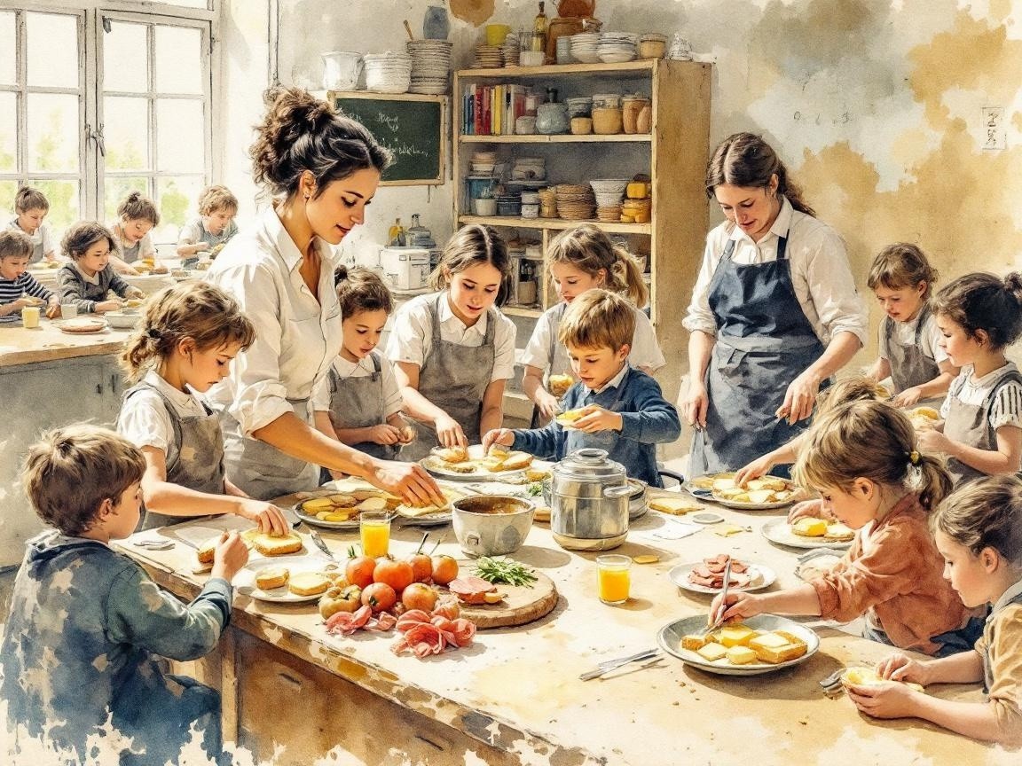 Children Learning to Make Sandwiches in a Kitchen