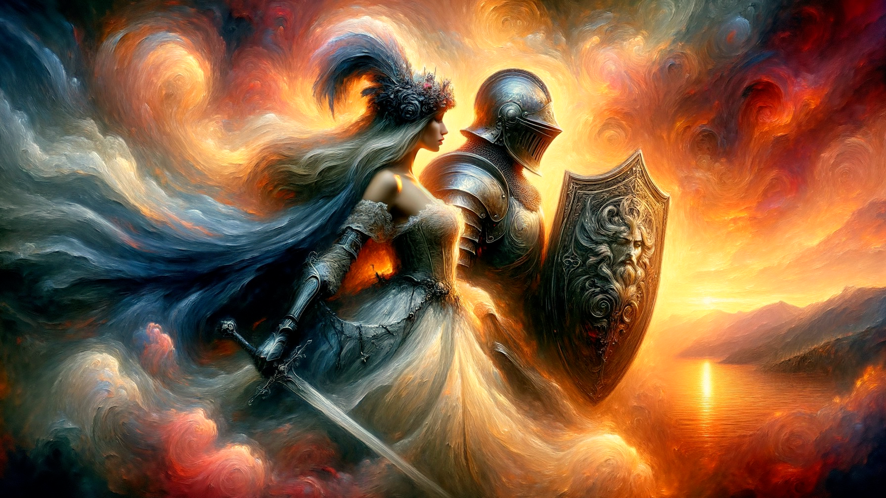 Female Warrior and Knight by a Serene Lake at Sunset