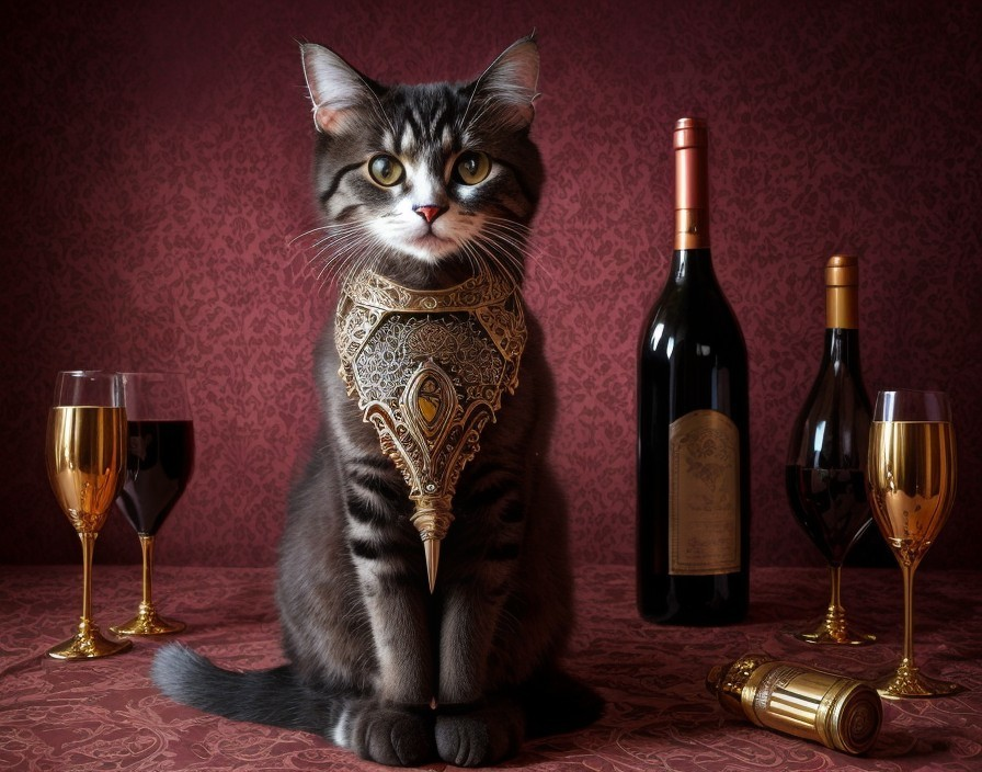 Regal Cat in Lavish Setting with Wine and Goblets