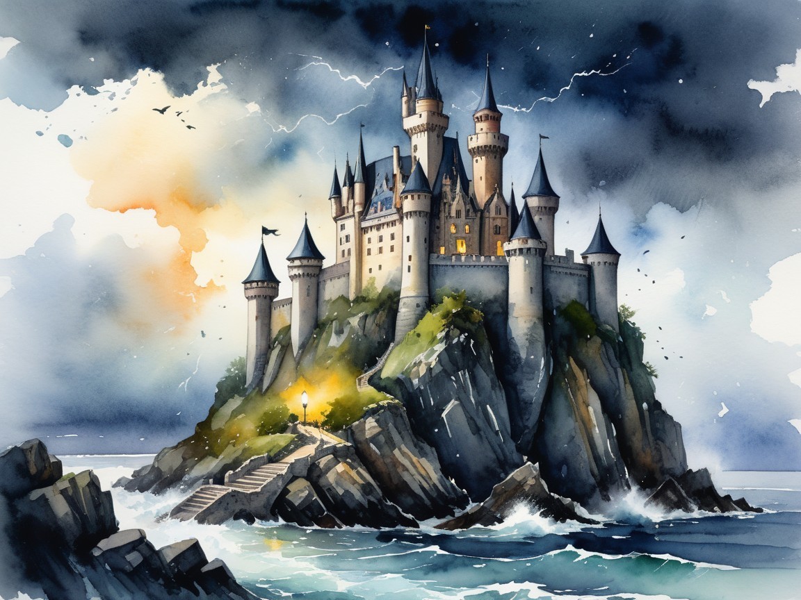 Castle on Cliff with Waves and Dramatic Sky