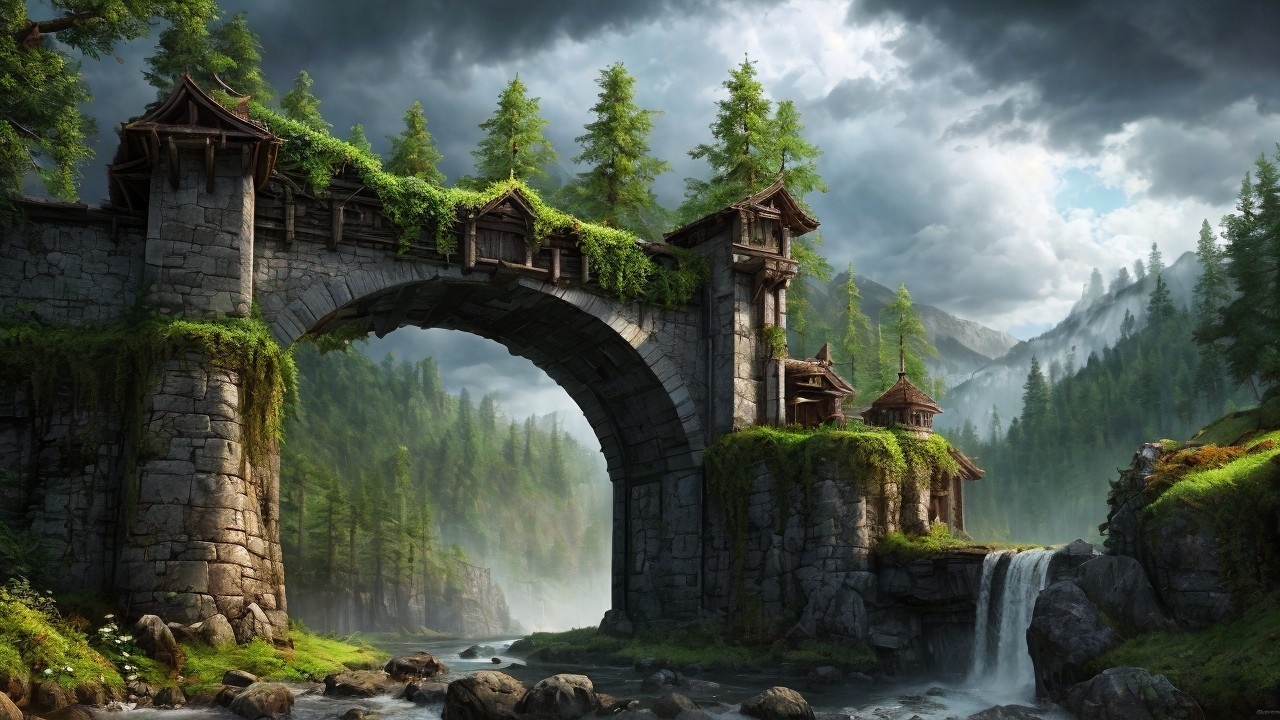 Majestic Stone Bridge Over Flowing River and Mountains