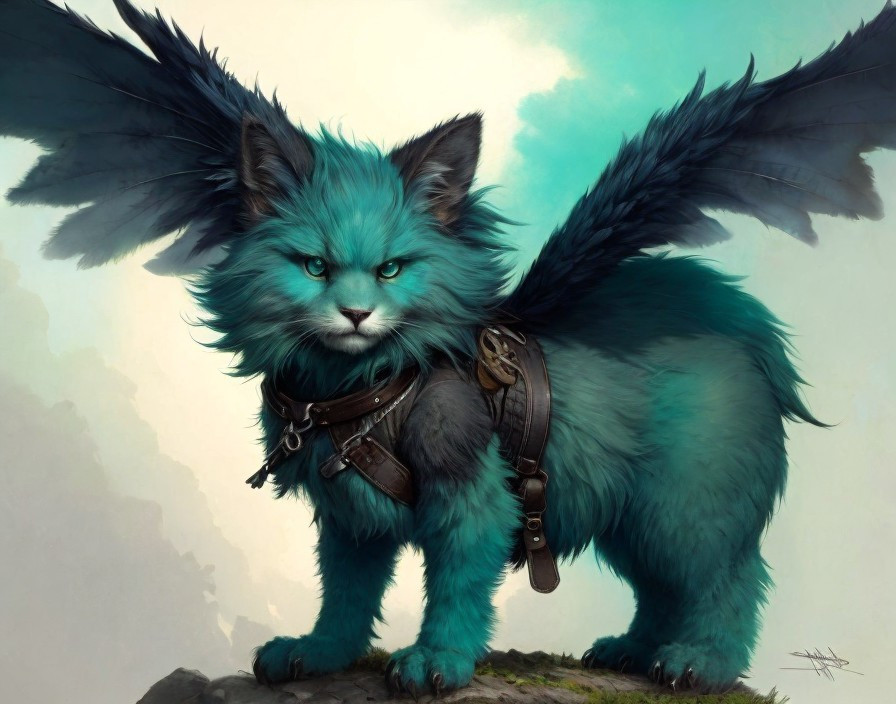 Fluffy Cat Creature with Teal Fur and Majestic Wings