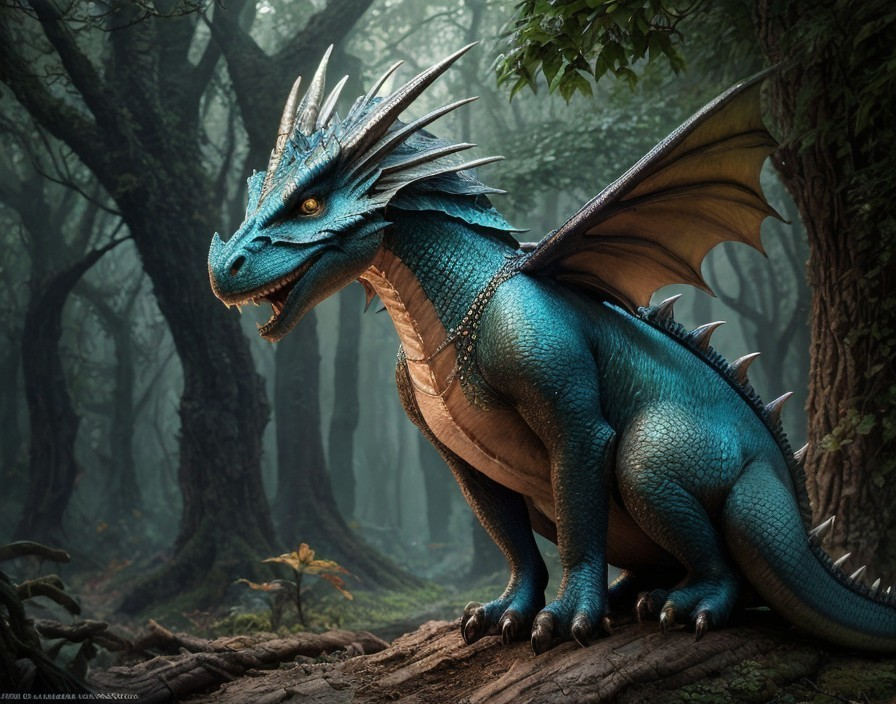 Majestic Azure Dragon in Lush Forest Setting