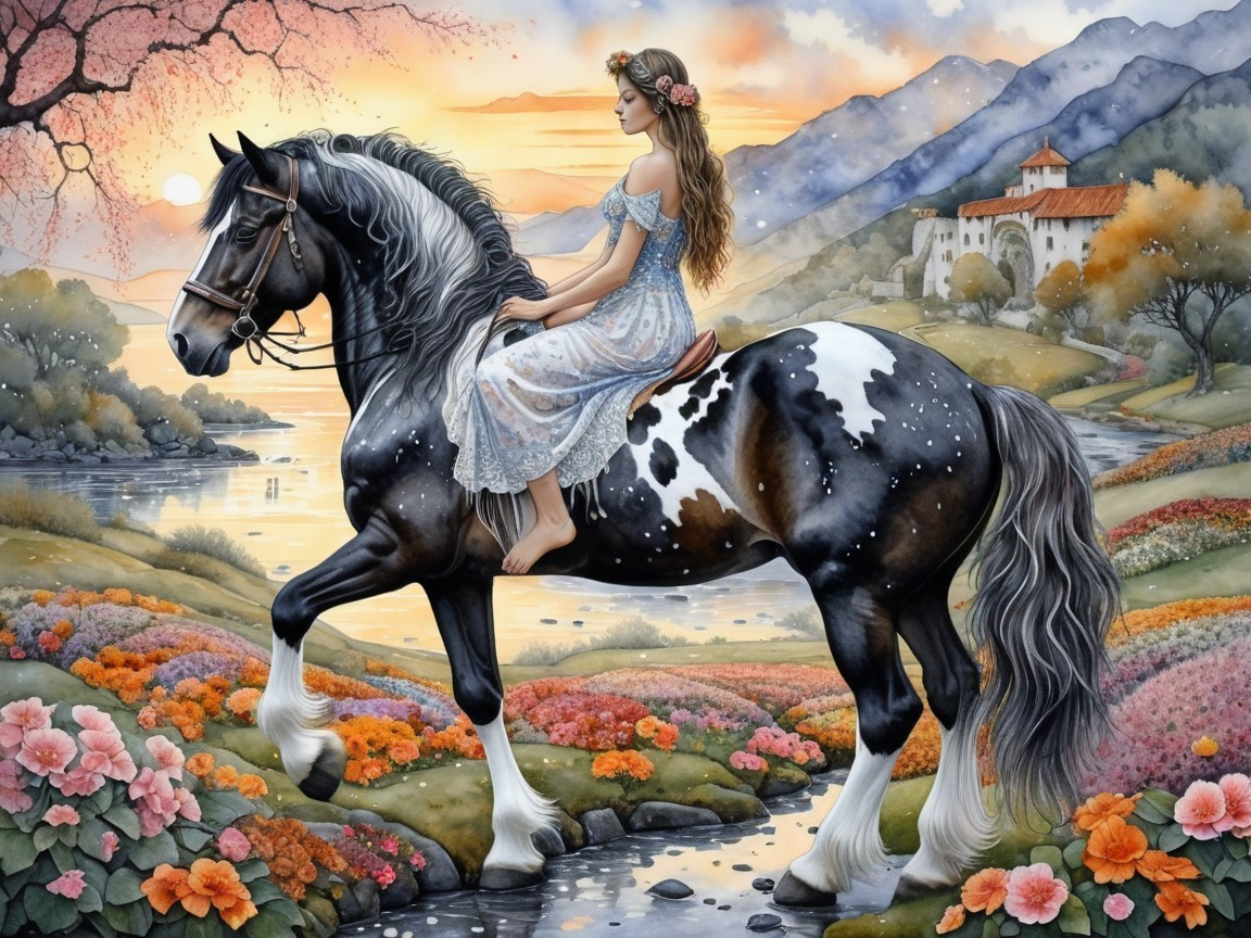 Serene Landscape with Woman on Black and White Horse