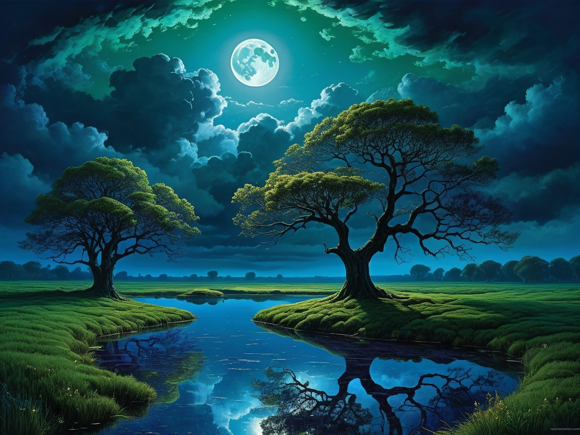 Serene Landscape with Silhouette Trees and River