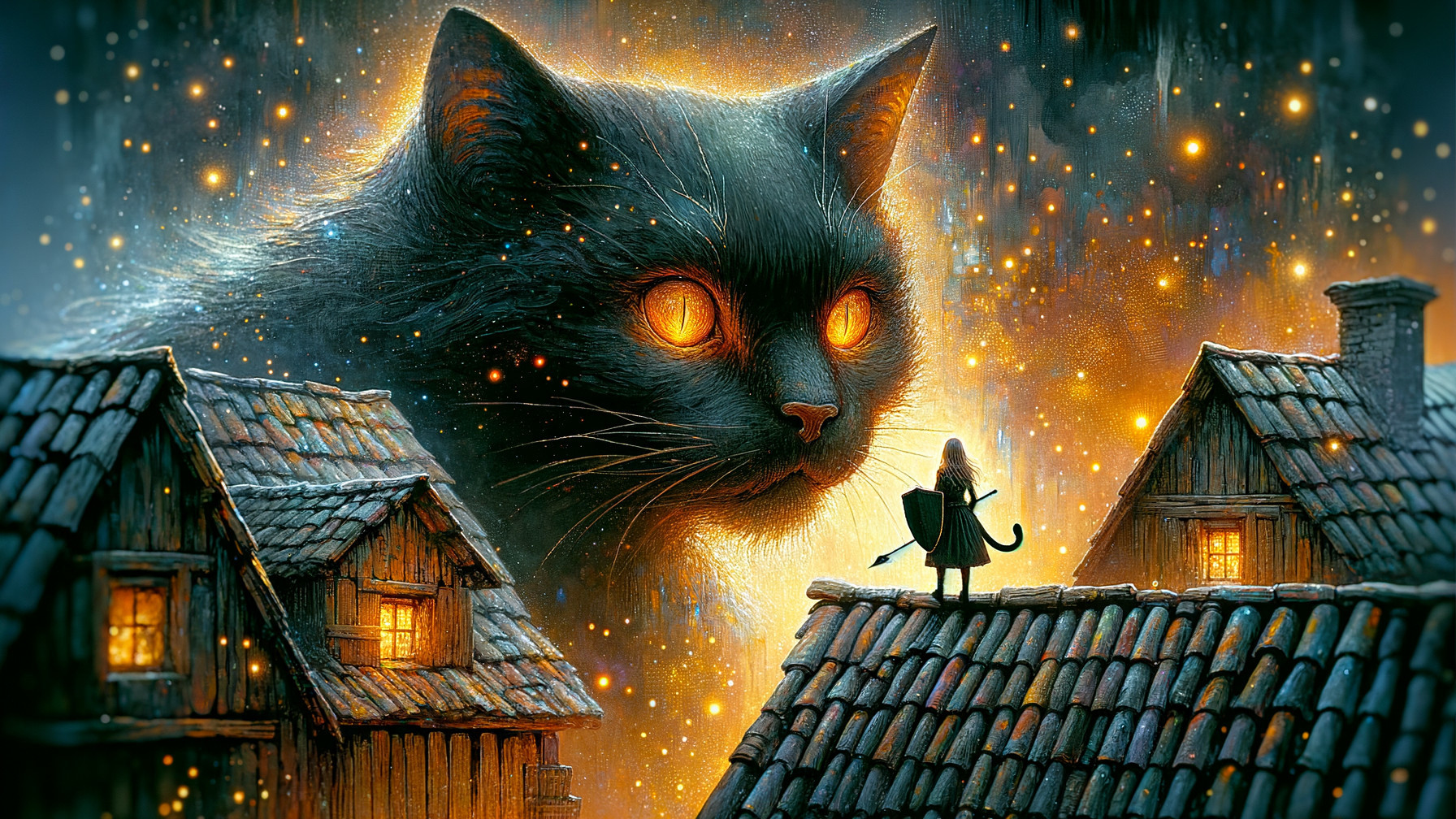 Colossal Black Cat Over Rustic Cottages at Night