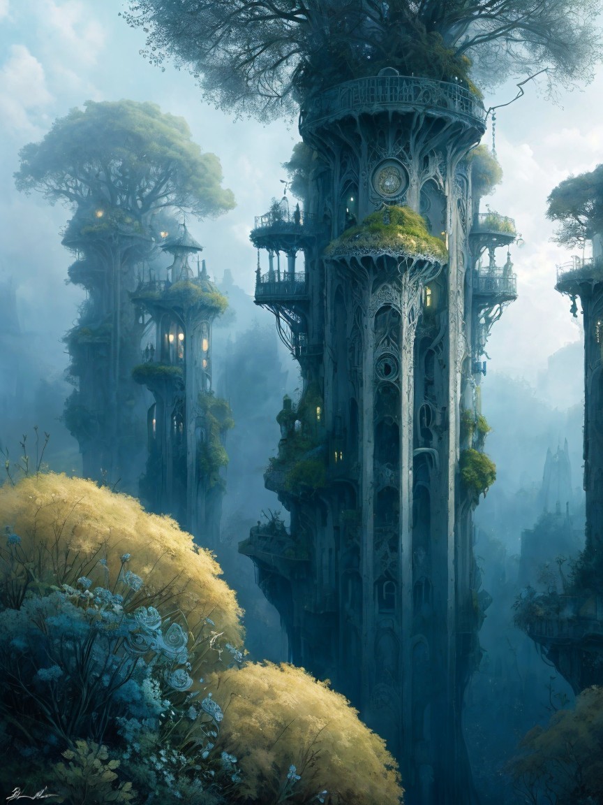 Mystical Landscape with Towering Structures and Foliage