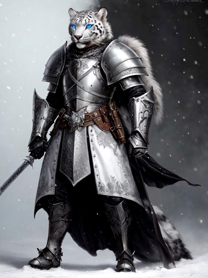Humanoid Figure in Silver Armor with Leopard Head