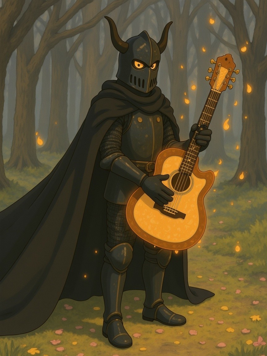 Mysterious Knight with Guitar in Enchanted Forest