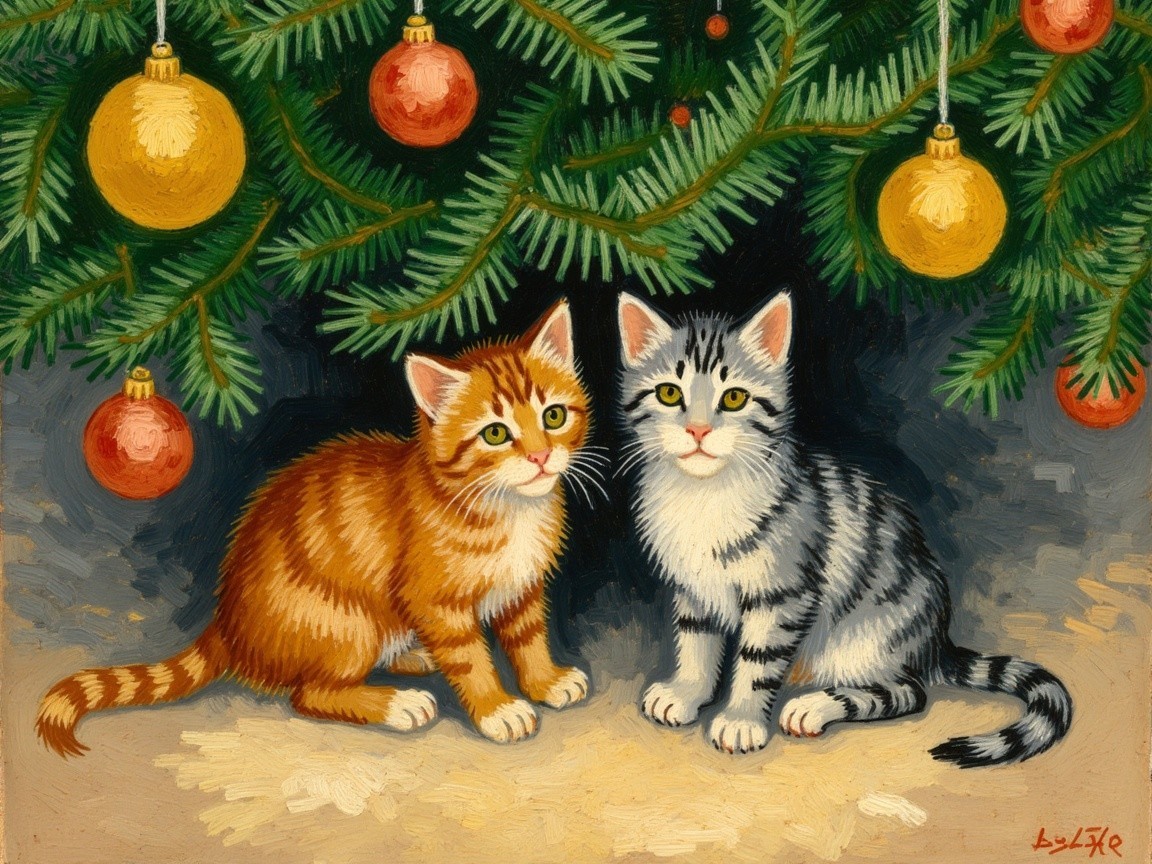 Kittens Under a Colorful Christmas Tree Scene