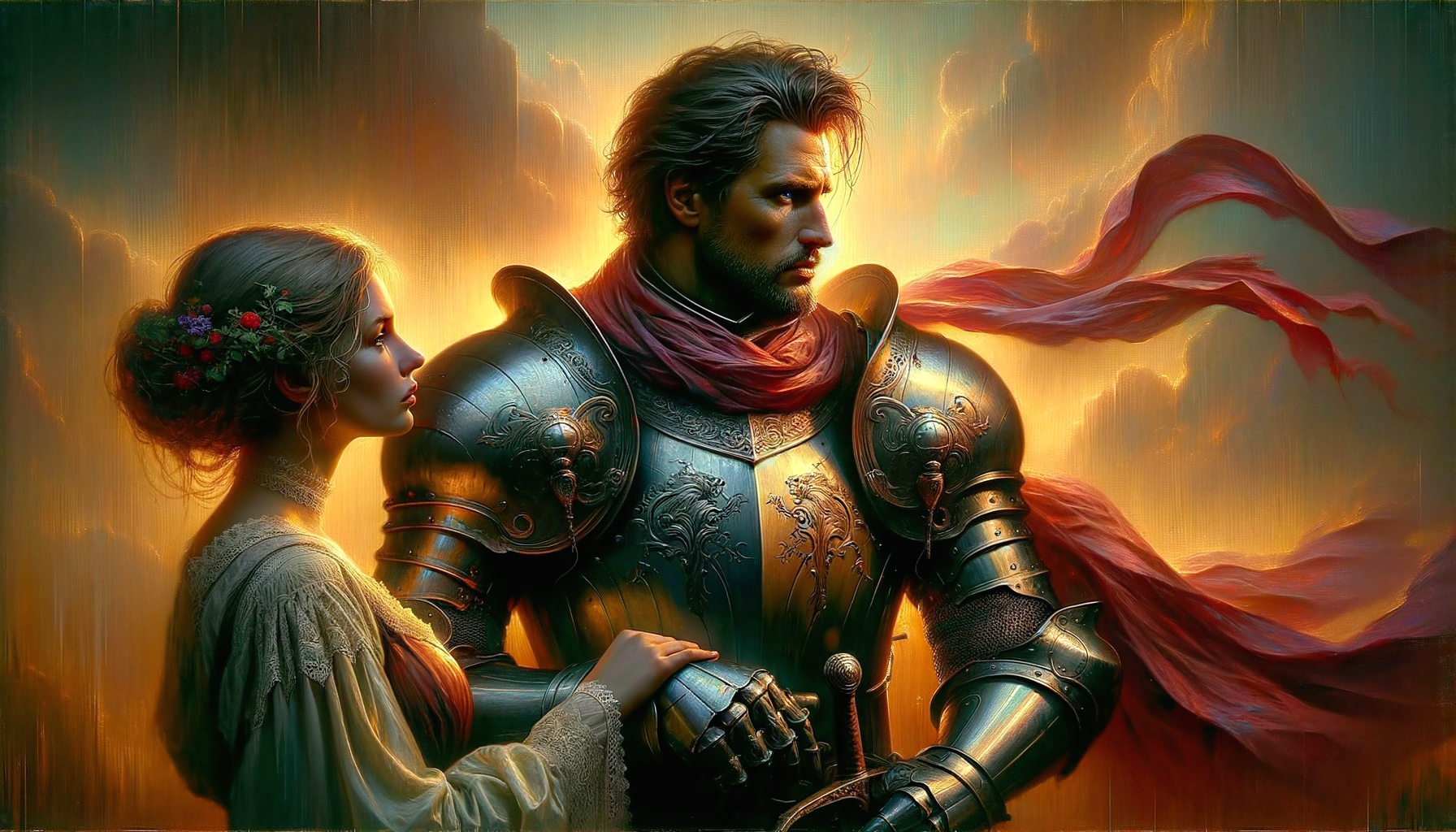 Regal knight and woman in golden light connection