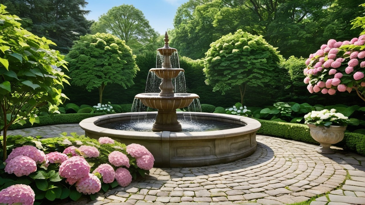 Serene garden with central fountain and vibrant hydrangeas