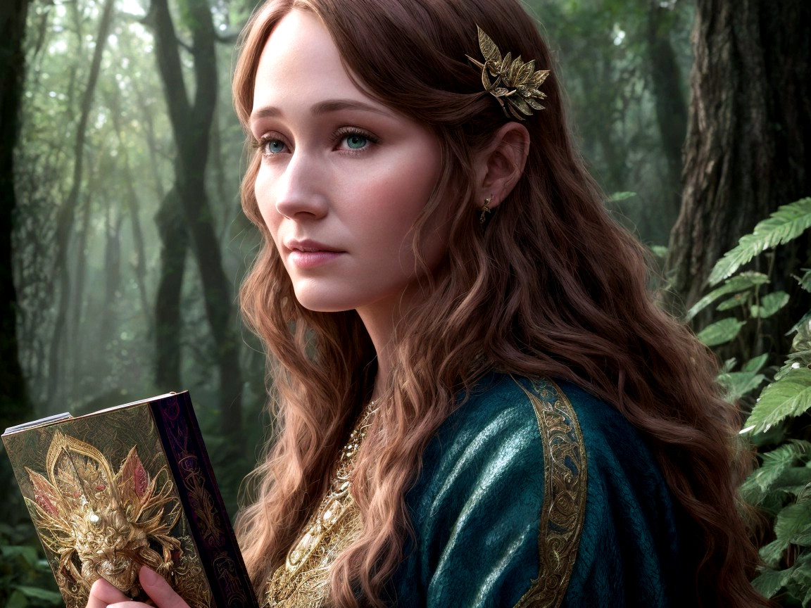Young woman in emerald cloak with ornate book in forest