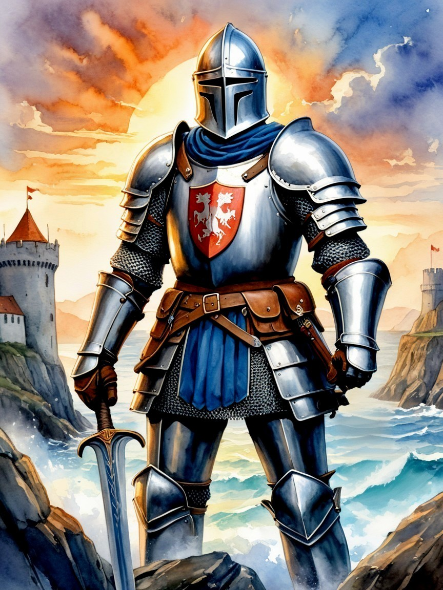 Knight in Silver Armor on Rocky Terrain at Sunrise