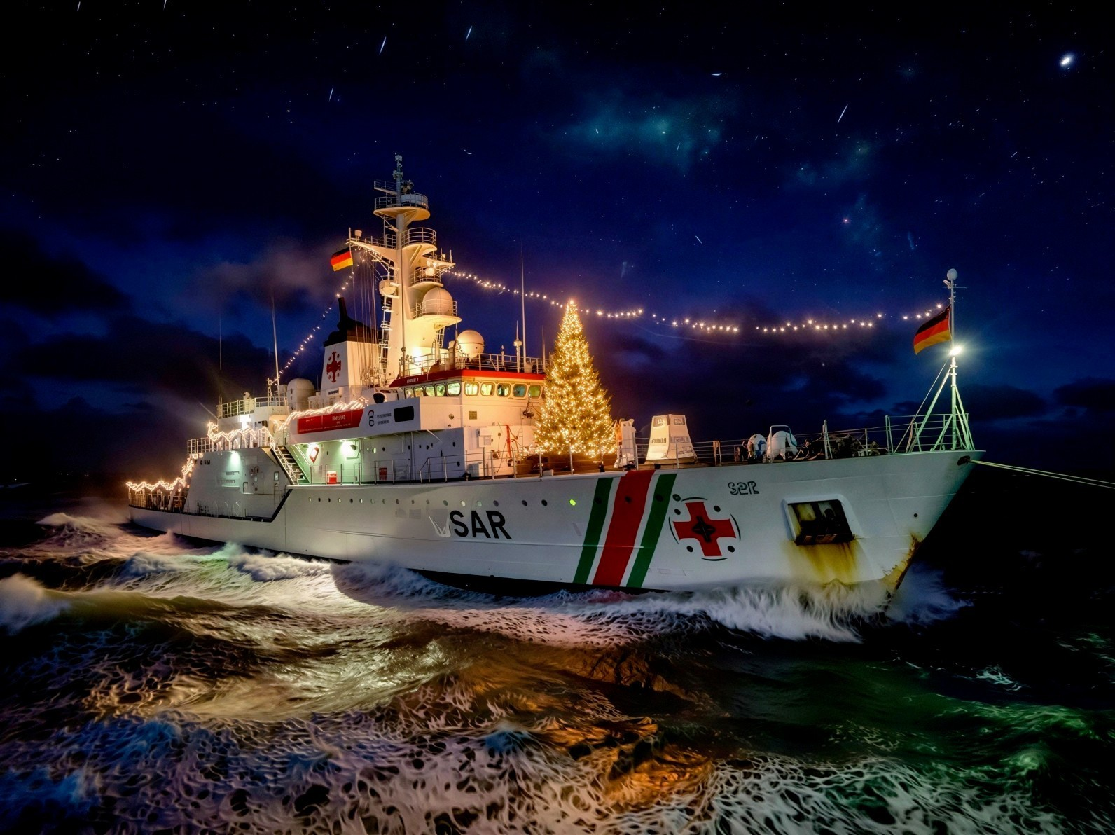 Nighttime View of Festive Search and Rescue Vessel